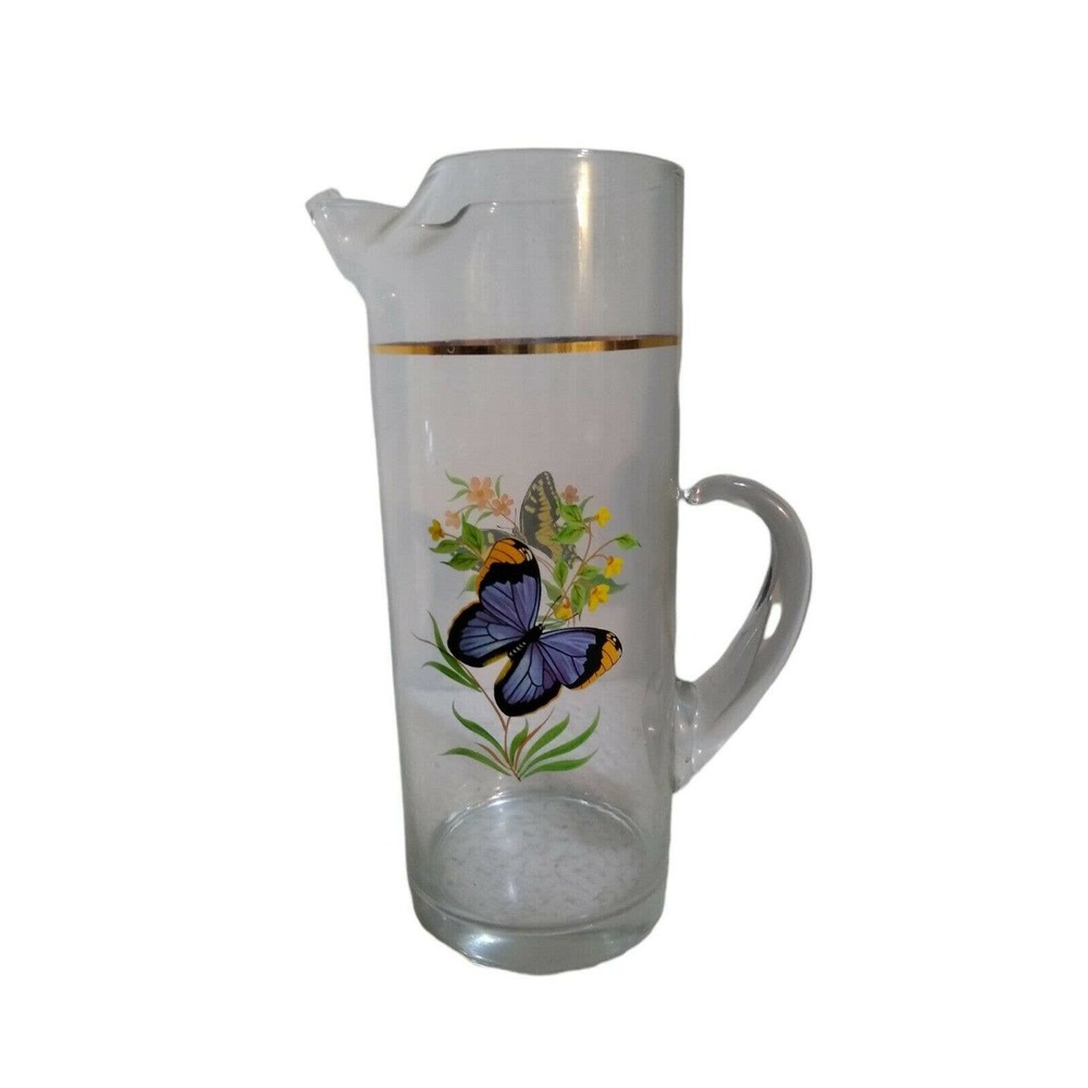Vintage West Virginia Glass Pithcher Butterfly Design Tall Clear